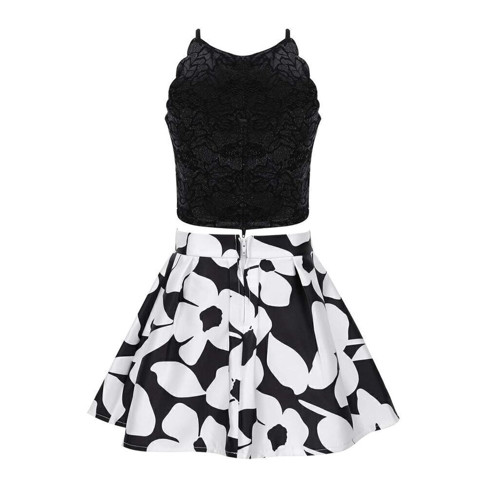 BCX Masy’s Girls 2-Pc Scalloped Top & Floral-Print Skirt Set Sz 14 Black White